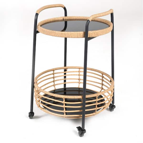 Wildaven Round Metal & Wicker 23.62 in. x 23.62 in. x 27.56 in. Outdoor Side Table with Wheels