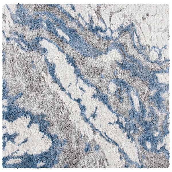 Horizon Shag Gray/Blue 9 ft. x 9 ft. Abstract Marble Square Area Rug