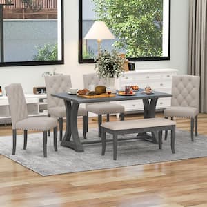 6-Piece Farmhouse Dining Table Set, Rectangular MDF Top Table and 4-Upholstered Chairs and Bench(Antique Gray)