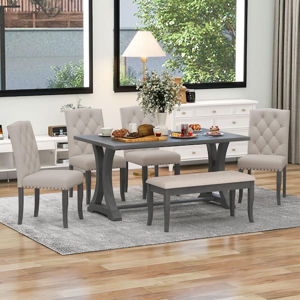 Clihome 6-Piece Farmhouse Dining Table Set, Rectangular MDF Top Table and 4-Upholstered Chairs and Bench(Antique Gray)