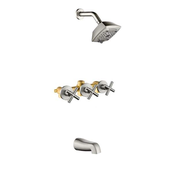3 Handle 6-Spray Tub and Shower Faucet 1.8 GPM Brass Wall Mount Tub Shower System with Valve Included Brushed Nickel