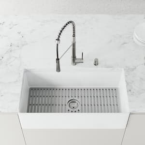 Matte Stone White Composite 36 in. Single Bowl Farmhouse Kitchen Sink with Faucet in Stainless Steel and Accessories