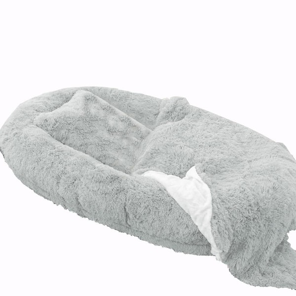 HOMEIBRO 71 in. L x 45 in. W x 12 in. Th Large Gray Human Dog Bed Oversize Memory Foam Dog Bed with Plump Pillow and Blanket