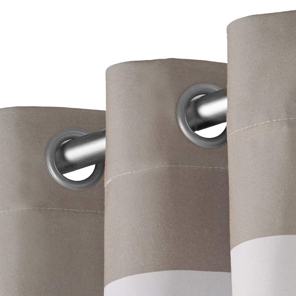 Taupe and White Cotton-Polyester Cabana Stripe Grommet Curtains