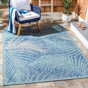 Courtyard Aqua/Navy Doormat 2 ft. x 4 ft. Border Palm Leaf Indoor/Outdoor Area Rug