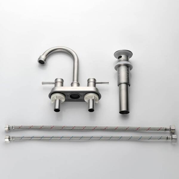 4 in. Centerset Double Handle High Arc Bathroom Faucet with Drain Kit 304  Stainless Steel Sink Taps in Brushed Nickel