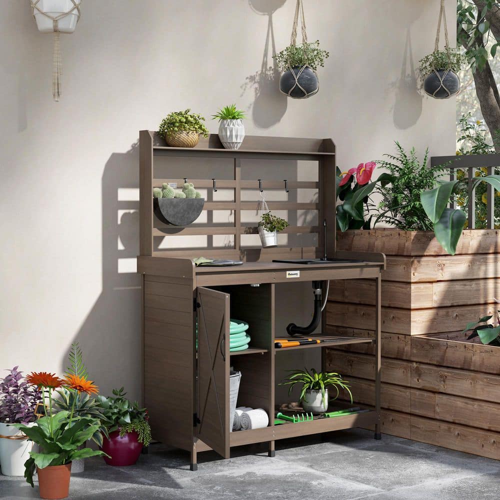 Dark Brown Wooden Outdoor Potting Bench with Storage Cabinet and Sink