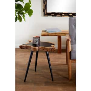 21 in. Brown Handmade Live Edge Top Medium Round Wood End Accent Table with Black Metal Tripod Legs