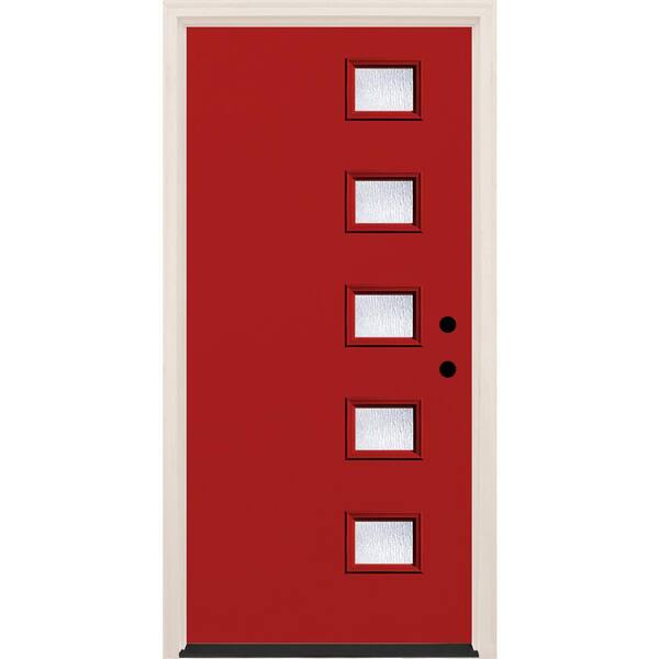 Builders Choice 36 in. x 80 in. Left-Hand/Inswing 5 Lite Rain Glass Ruby Red Painted Fiberglass Prehung Front Door with 6-9/16 in. Frame