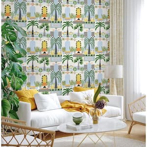 30.75 sq. ft. Sky Blue and Off-White Tropical Facade Vinyl Peel and Stick Wallpaper Roll