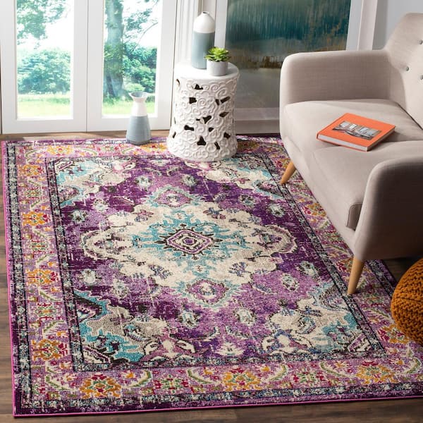 Monaco Violet/Light Blue 7 ft. x 9 ft. Distressed Border Medallion Area Rug