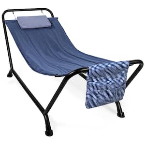 7.3 ft. Outdoor Patio Hammock Bed with Stand, Pillow, Storage Pockets, 500 lbs. Weight Capacity in Blue