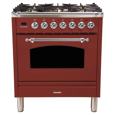 30 in. 3.0 cu. ft. Single Oven Dual Fuel Italian Range with True Convection, 5 Burners, Chrome Trim in Burgundy