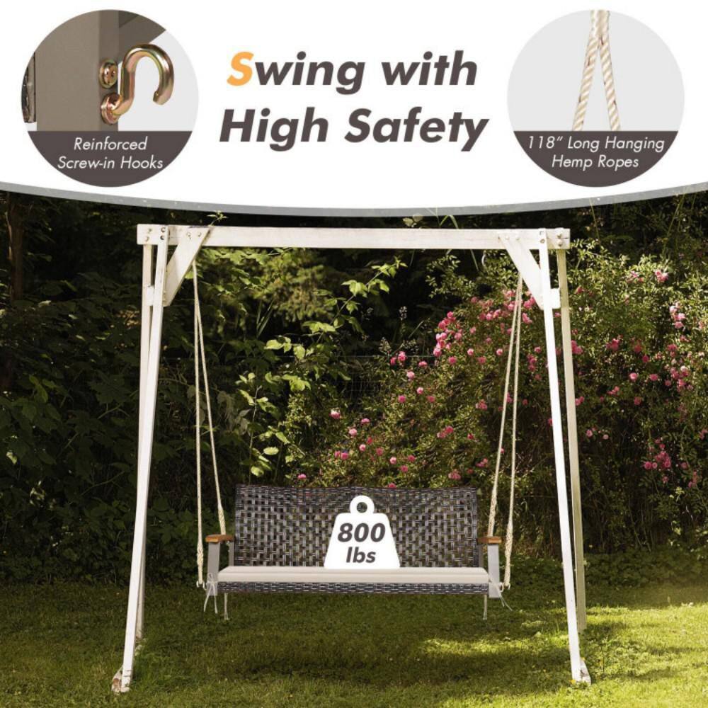 Off-White 2-Person Rattan Patio Swing with Cushion