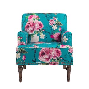 Modern Multicolor Floral Linen Upholstered Accent Armchair With Wooden Legs(Set of 1)
