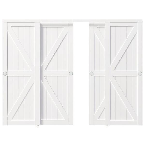 144 in. x 80 in. K-Shape MDF Sliding Door with Hardware Track Kit and Floor Guide and Handle, Pre-Drilled, White