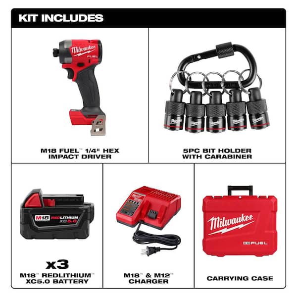 M18 FUEL 18V 1/4 in. Hex Impact Driver Kit w/ (3) 5. 0Ah Batteries, Hard Case with 5-Pc Carabiner Hex Holder