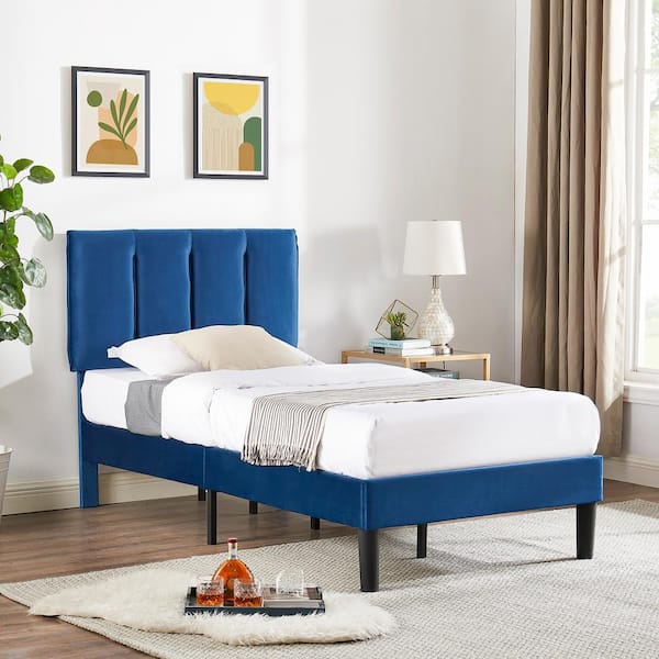 Bedframe, The Platform Blue - Adjustable Box Headboard, VECELO Depot KHD-CY-TB04-DBLU Slat, Upholstered Frame Metal with Wood Needed Bed Spring Twin No Home