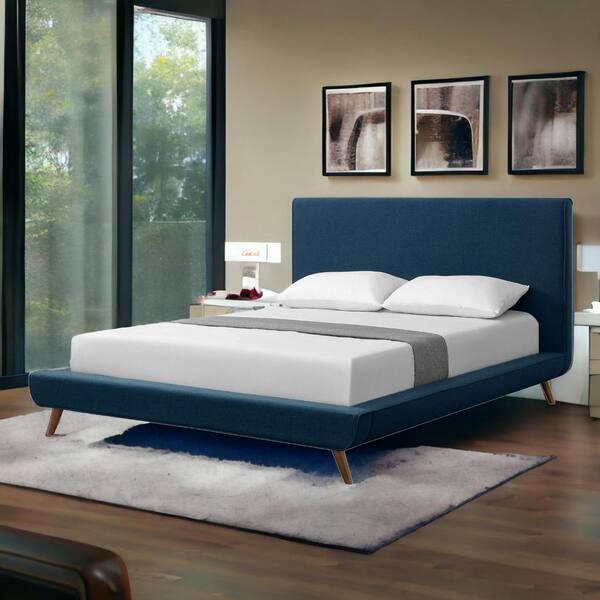 HomeRoots Blue Wood Frame Queen Panel Bed with Upholstered 2000544842
