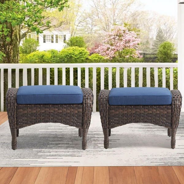 Rotavia 2-Piece Brown PE Wicker Steel Frame Outdoor Ottoman with Olefin Blue Cushions, Multipurpose Patio Footstools