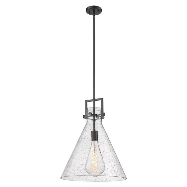 Newton Cone 100-Watt 1-Light Matte Black Shaded Mini Pendant Light with Seeded Glass Shade