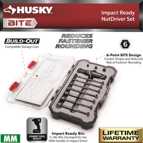Husky BITE Metric Impact Ready Interchangeable Nut Driver Set with Cushion-Grip Handle (10-Piece)