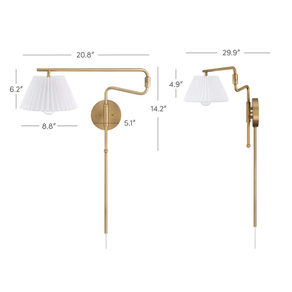 Kai Vintaged Brass Swing Arm Wall Sconce with White Linen Shade