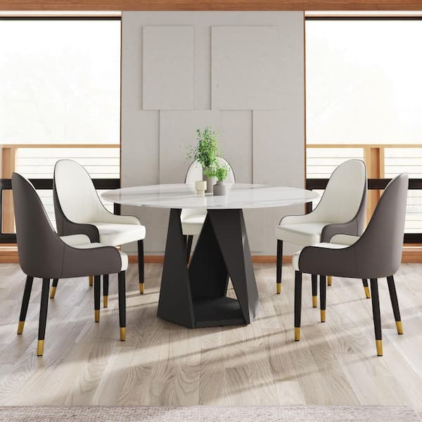 53.1 in. White Round Sintered Stone Tabletop Black Pedestal Base Kitchen Dining Table (Seats-6)