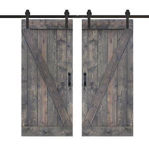 Z Series 72 in. x 84 in. Smoky Gray Finished DIY Knotty Pine Wood Double Sliding Barn Door with Hardware Kit