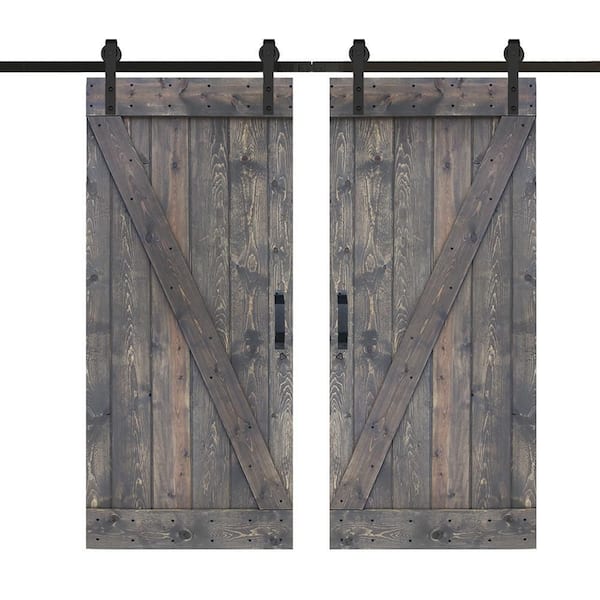 ISLIFE Z Series 36 in. Wx 84 in.H 2-Panels Smoky Gray Finished Solid Wood Sliding Barn Door with Hardware Kit -Need Assemble