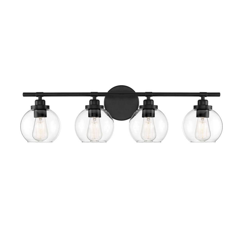 Matte Black 4-Light Bathroom Vanity Fixture with Frosted Glass Shades