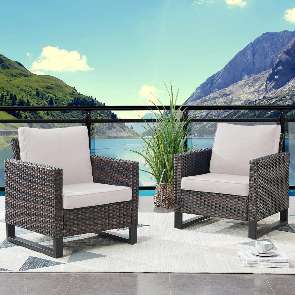 Pocassy Brown Wicker Outdoor Patio Lounge Chair with CushionGuard Beige Cushions (2-Pack) PJ120 ...