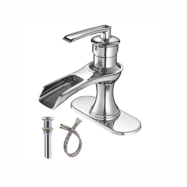 FORCLOVER Single-Handle Low-Arc Single Hole Waterfall Bathroom Faucet with Pop-Up Drain Assembly in Chrome