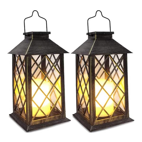 Angel Sar 14 in. Bronze Garden Hanging Solar Lantern, Waterproof LED Flickering Flameless Candle Lantern Lights (2-Pack)