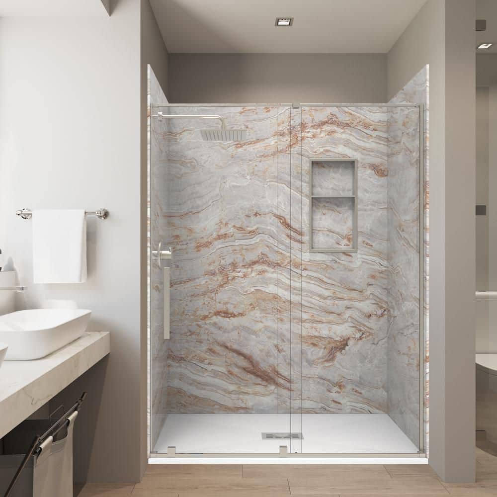 Naca. Brown 32in.x 60in.x84in. Combo Solid Composite Stone Alcove Shower Kit Matching Brushed Nickel Door, Niche & Drain price history on PriceWatchPro
