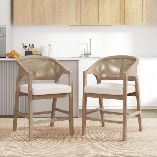CHRISTOPHER KNIGHT HOME Dorian Village 24.25 in. Wood Frame Counter Stool with Beige Fabric Cushion, Rattan Woven Back, Natural Ash, (Set of 2)