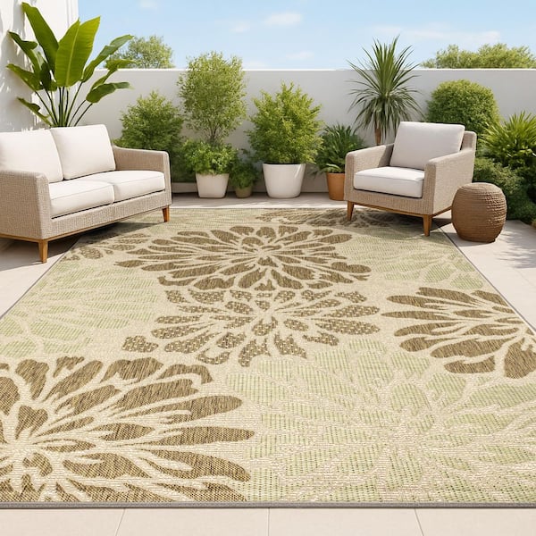 JONATHAN Y Zinnia Modern Floral Sage/Brown 3 ft. 11 in. x 6 ft. Textured Weave Indoor/Outdoor Area Rug