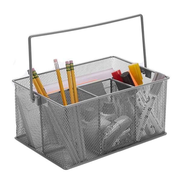 Mind Reader Metal Mesh Basket with Handle, Storage Desk Organizer, Utensil Holder, Gray