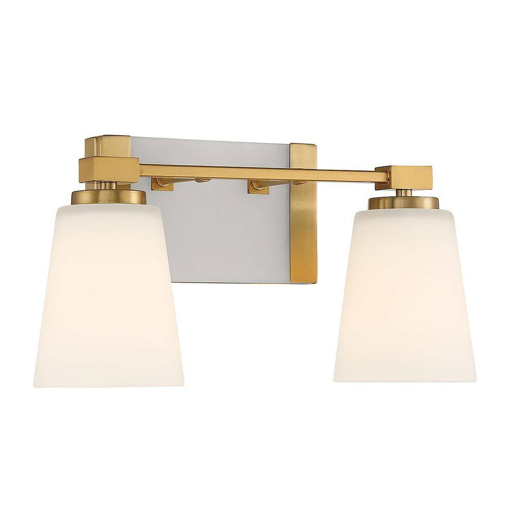 Warm Brass 2-Light Vanity with White Opal Glass Shades