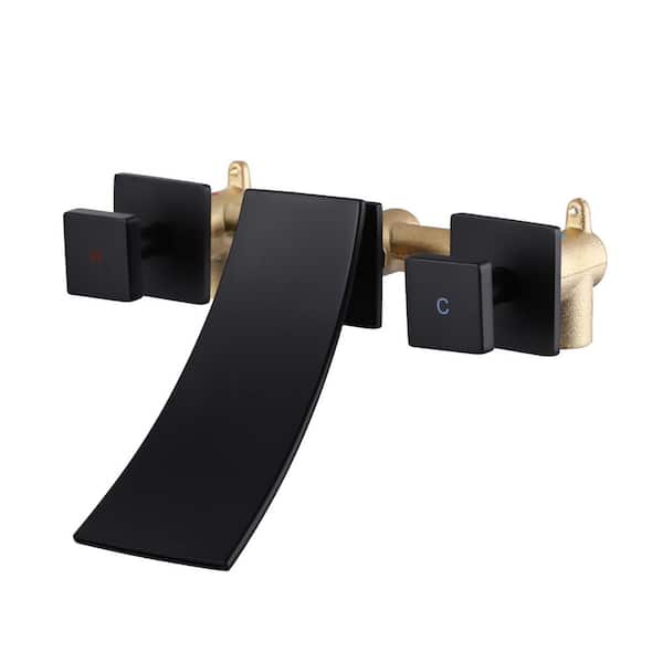 Waterfall Double Handle Wall Mounted Bathroom Sink Faucet, Solid Brass Bathroom Basin Faucet in Matte Black