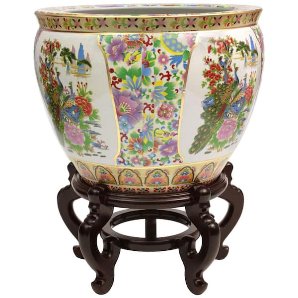 Unbranded - Oriental Furniture 14 in. Satsuma Birds & Flowers Porcelain Fishbowl