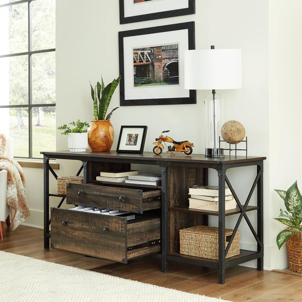 Brown Wood Credenza with Drawer and Filing Cabinet