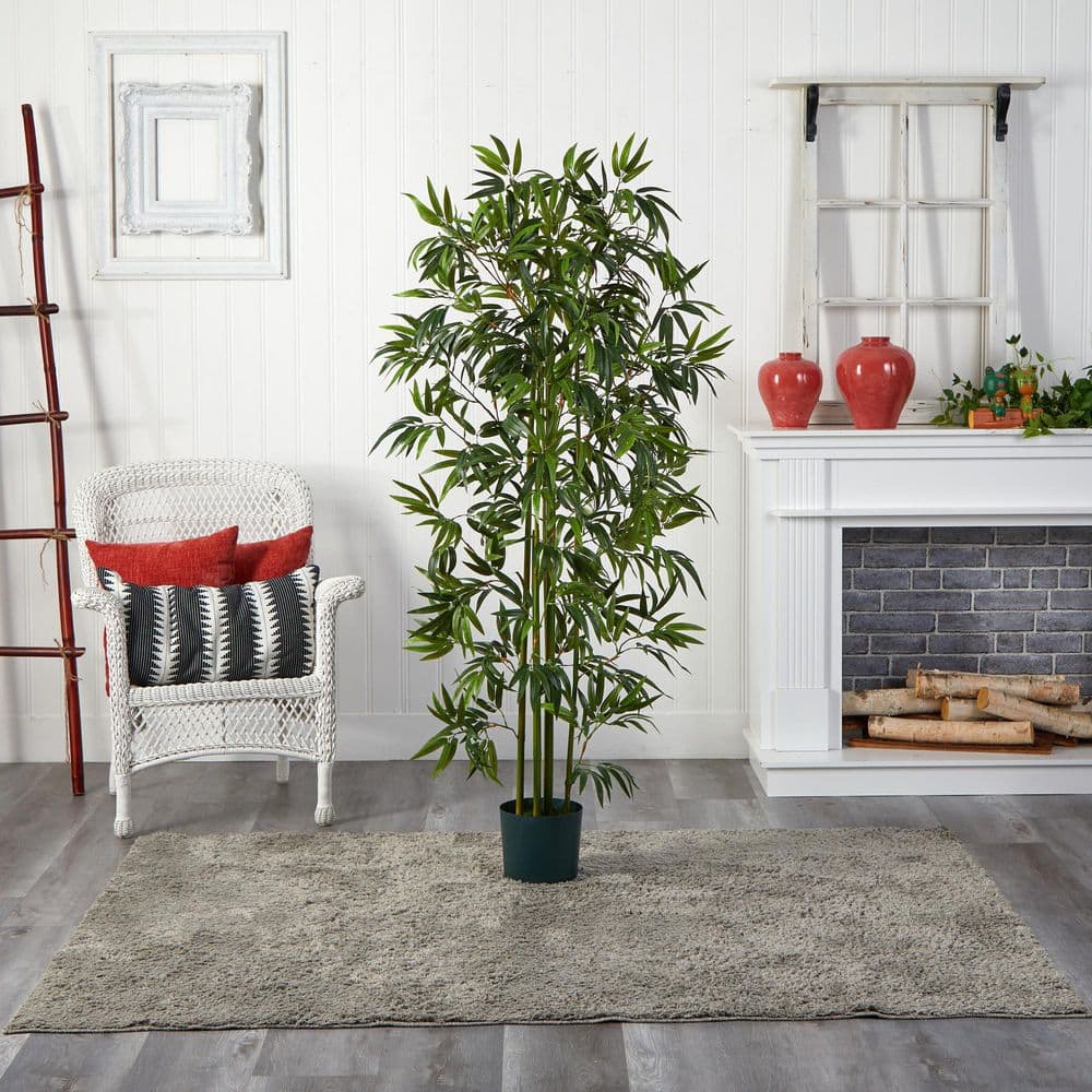 Tall Green Silk and Plastic Bamboo Floor Plant in Pot