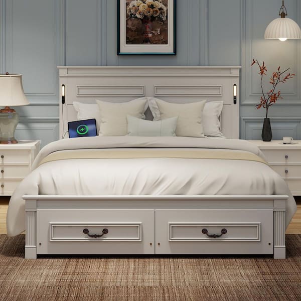 Corneille White Wood Frame Queen Size Platform Bed with 2 Storage Drawers, USB Charging Station