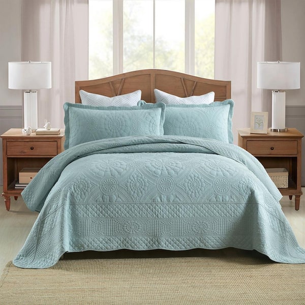 TF51 Angel Blue Embroidery King Size Cotton Lightweight Quilt Bedspread Set