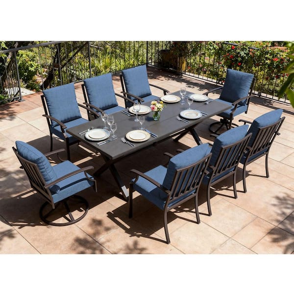 9-Piece Metal Outdoor Dining Set with 6 Dining Chairs, 2 Swivel Rocking Chairs and Cushion Navy Blue