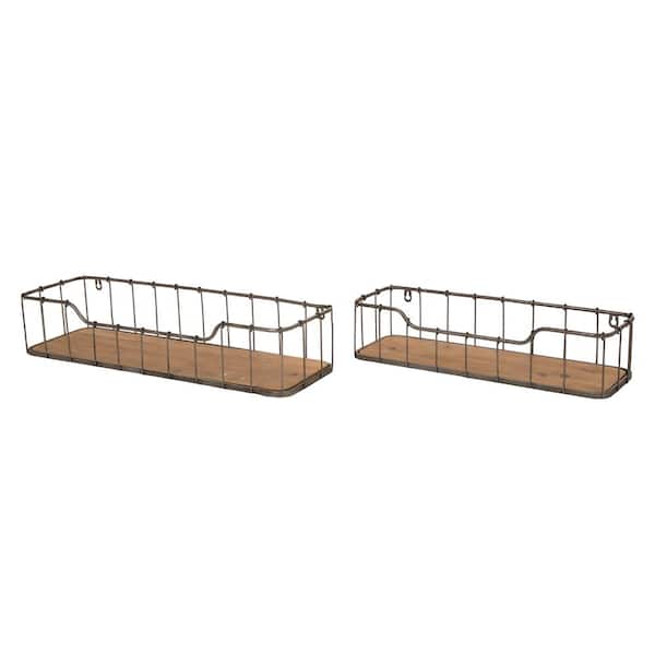 Glitzhome Rustic Farmhouse Metal Wooden Decorative Wall Shelves With Baskets Set Of 2 Gh1504004346 The Home Depot - Wood And Metal Wall Organizer Rustic Farmhouse