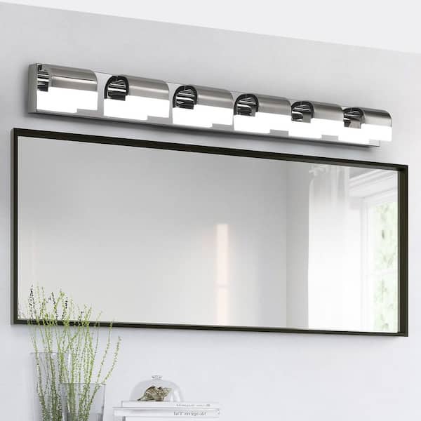 46.5 in. 6-Light Chrome LED Vanity Light Bar with Crystal Glass Shades, Bathroom Wall Sconce
