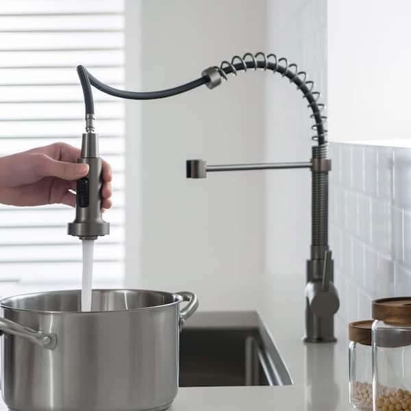 17 in. H Single Hole 1.8 GPM Pull Down Sprayer Kitchen Faucet with 360° Spout Swivel, Soap Dispenser in Titanium