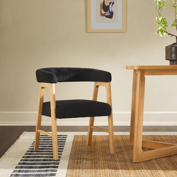 2-Piece Modern Black Rounded Back Solid Wood and Boucle Upholstery Dining Chairs